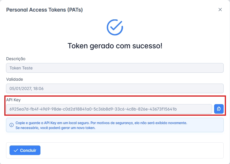 Screenshot do token gerado